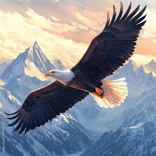 A bald eagle flying over a mountain range. photo