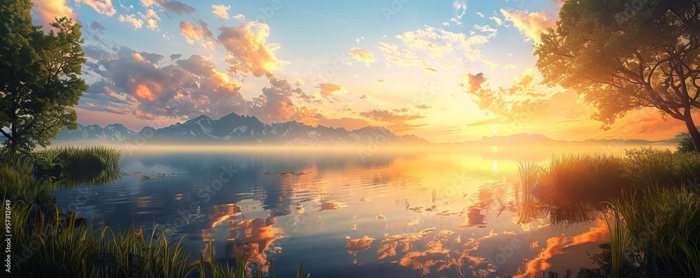 Sunset over a tranquil lake with reflections, 4K hyperrealistic photo Sunset over a tranquil lake with reflections, 4K hyperrealistic photo