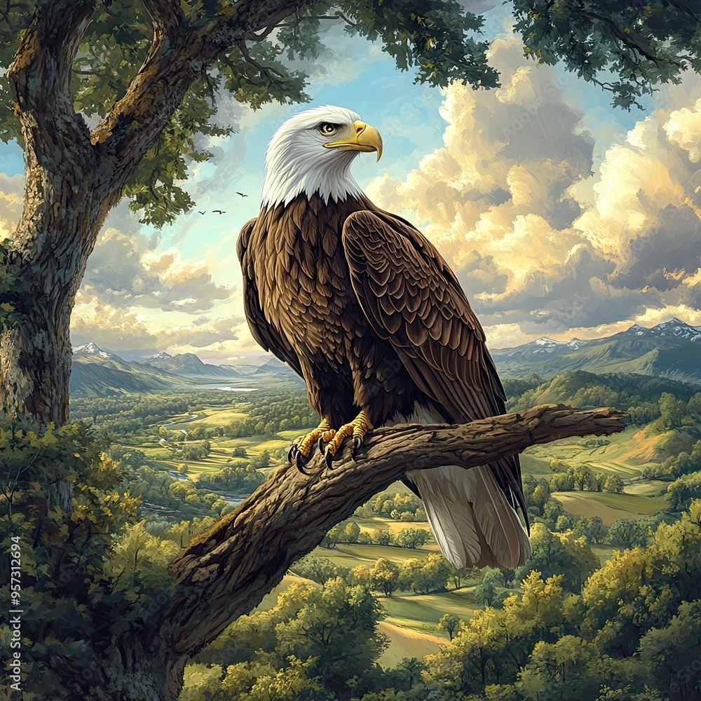 Fototapeta premium A bald eagle perched on a tree branch, overlooking a valley.