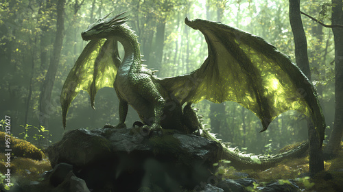 Forest dragon with wings sitting on stone in green woods. postproducted generative ai digital illustration. Dragon. Illustration photo