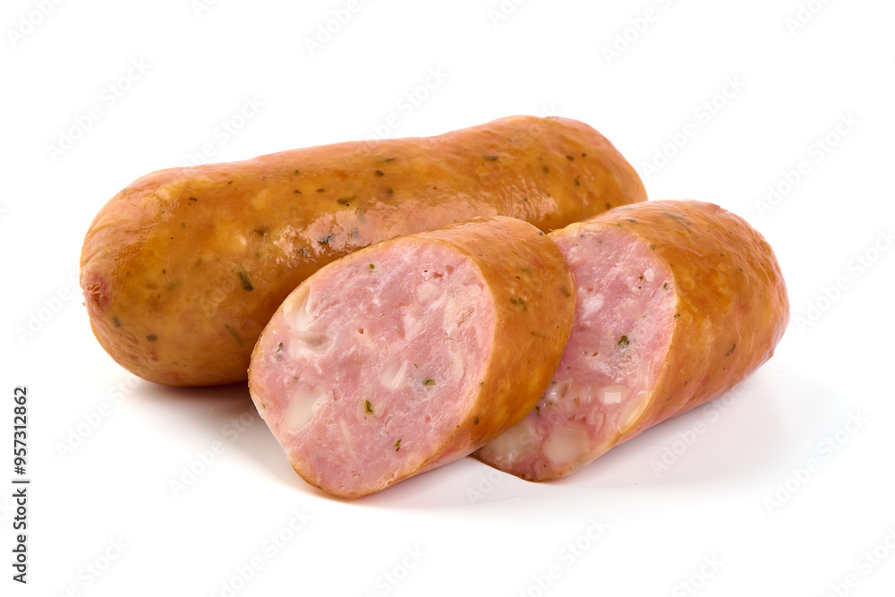 Smoked bavarian sausages, isolated on white background. Smoked bavarian sausages, isolated on white background.