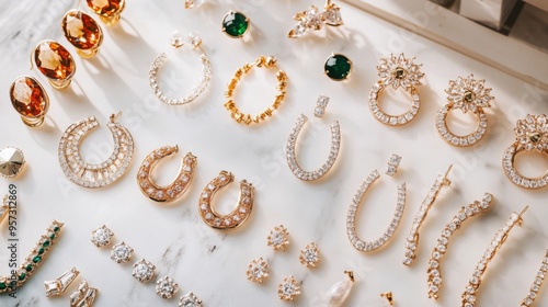 A flat lay of various pairs of earrings, including hoops, studs, and dangly designs, arranged on a marble surface, showcasing a diverse collection of jewelry styles.