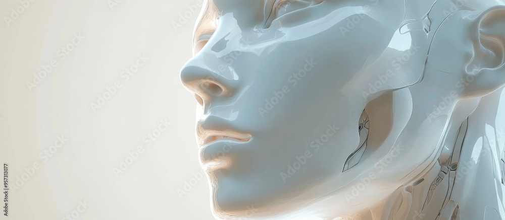 3D android inspired human face against a white backdrop Conceptual artwork depicting a biomechanoid or robotic figure 3D android inspired human face against a white backdrop Conceptual artwork depicting a biomechanoid or robotic figure