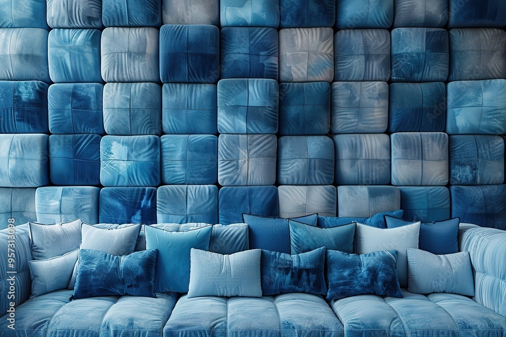 A blue wall made of pillows A blue wall made of pillows