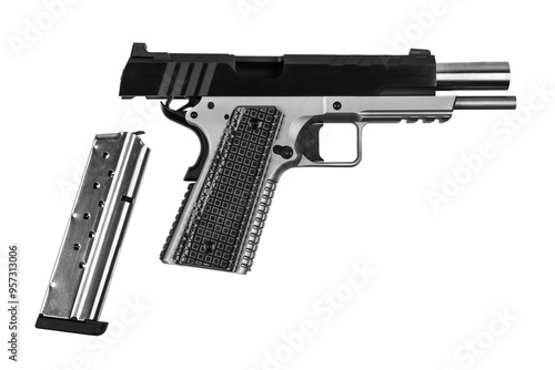 Modern silver semi-automatic pistol. A short-barreled weapon for self-defense. A small weapon for concealed carry. Isolate on a white back. photo