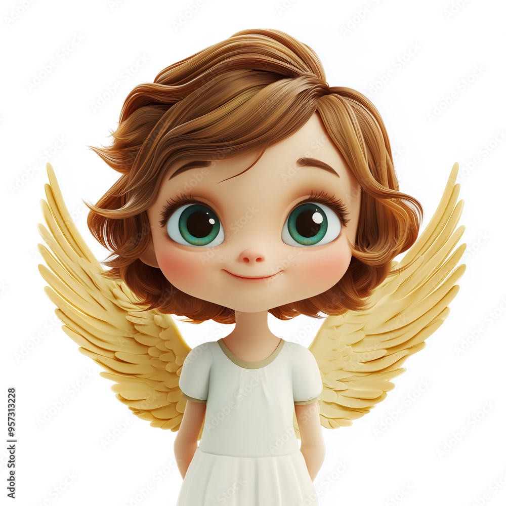 3d image of a smiling angel girl with green eyes in a white dress ...