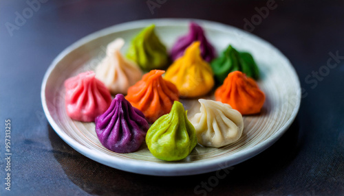 Colorful Ukadiche Modak sweet rice dumplings. Traditional Indian food. Ganesh Chaturthi Festival. photo