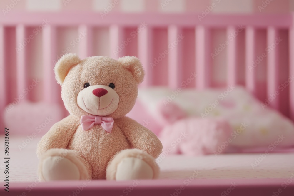 Sweet Bear Toy on Cozy Pink Crib Sweet Bear Toy on Cozy Pink Crib