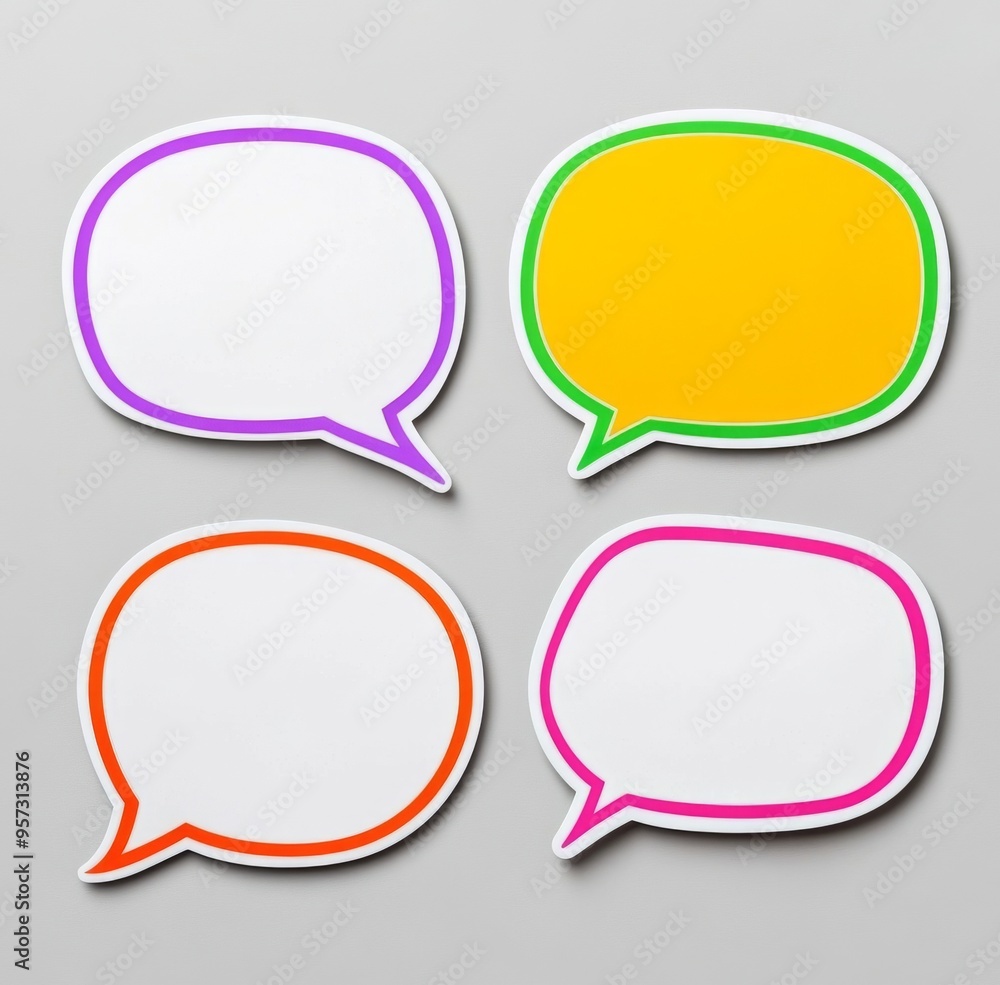 Four colorful speech bubbles on a gray background for creative design and communication concepts Four colorful speech bubbles on a gray background for creative design and communication concepts