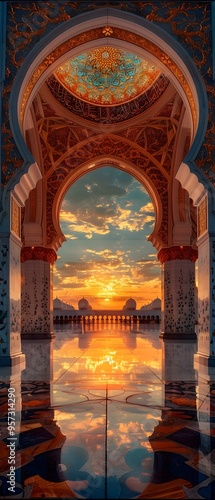 Majestic Golden Arch Glowing in the Desert Sunset with Intricate Islamic Art