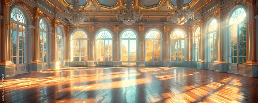Obraz premium Lavish Ballroom with Crystal Chandeliers Gleaming Wooden Floors and Panoramic Windows in Opulent Historic Palace