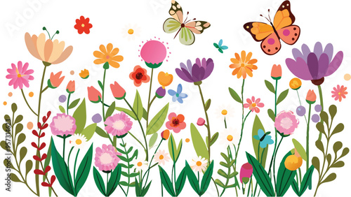 Watercolor style beautiful wildflowers, field of flowers with butterflies, seamless border isolated on a clear background, vector illustration.