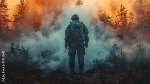 A soldier stands in a smoky forest, a dramatic silhouette against the orange and blue hues of the sky.