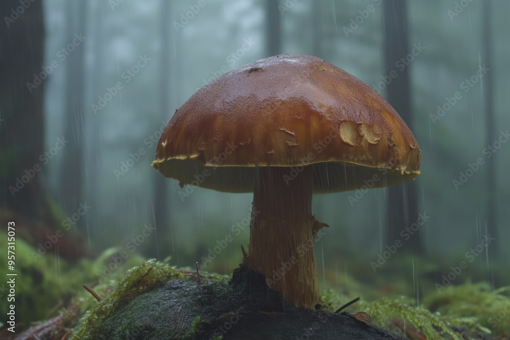 Detailed Brown Mushroom in Misty Forest Detailed Brown Mushroom in Misty Forest
