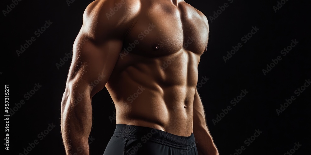 Fototapeta premium Fit Man’s Abs Highlighted by Dark Background