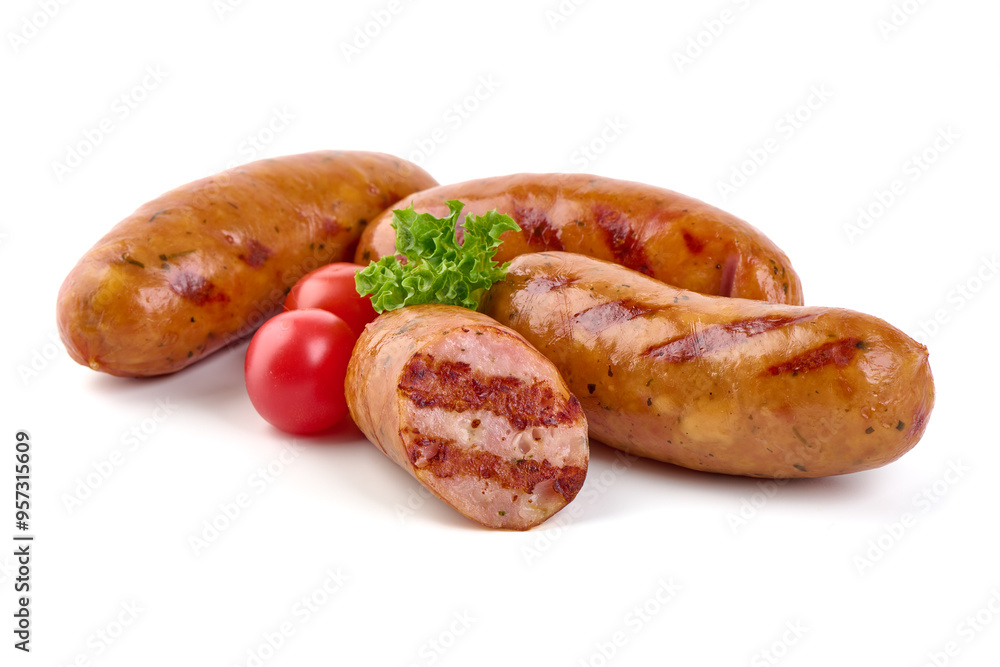 Grilled bavarian sausages, isolated on white background Grilled bavarian sausages, isolated on white background