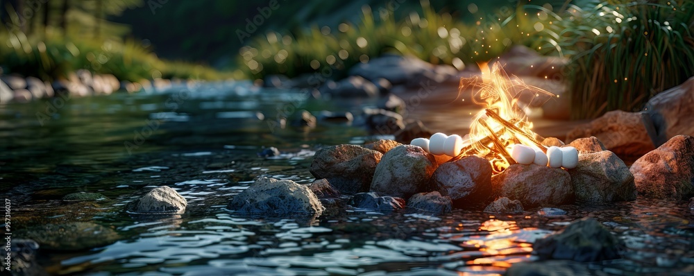 Roasting marshmallows over the campfire at the riverside picnic spot, 4K hyperrealistic photo Roasting marshmallows over the campfire at the riverside picnic spot, 4K hyperrealistic photo