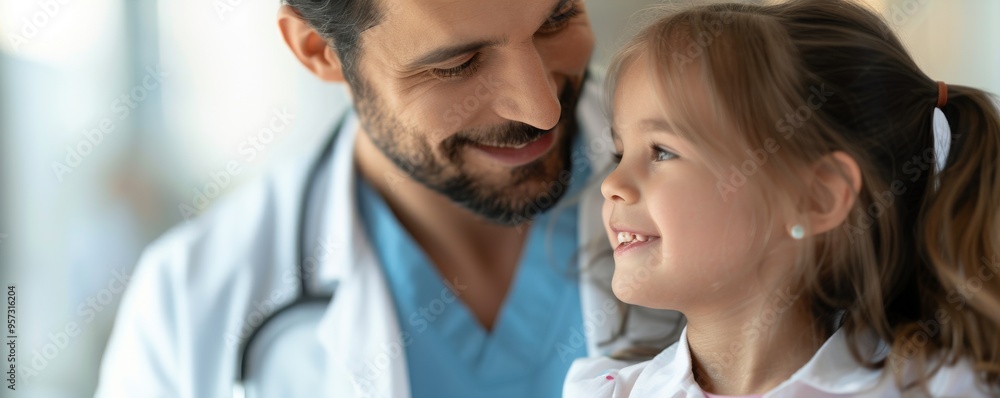 A smiling doctor with a young girl, showing a caring and friendly interaction in a healthcare setting. A smiling doctor with a young girl, showing a caring and friendly interaction in a healthcare setting.