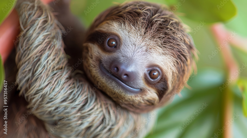 Adorable close-up of a smiling sloth hanging from a tree branch, surrounded by green leaves. Perfect for nature and wildlife themes. Adorable close-up of a smiling sloth hanging from a tree branch, surrounded by green leaves. Perfect for nature and wildlife themes.