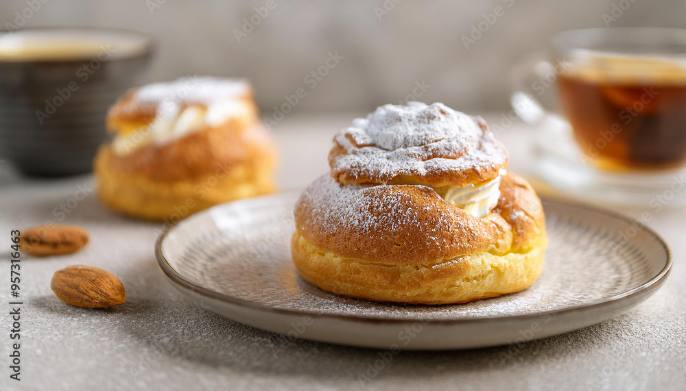 Swedish semla, bun with whipped cream on a plate. Tasty dessert. Delicious sweet food. Swedish semla, bun with whipped cream on a plate. Tasty dessert. Delicious sweet food.