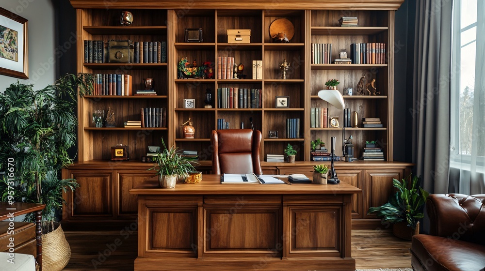 An office space with a wooden desk, a leather chair, and a wall of built-in wooden bookshelves filled with books and decorative items An office space with a wooden desk, a leather chair, and a wall of built-in wooden bookshelves filled with books and decorative items