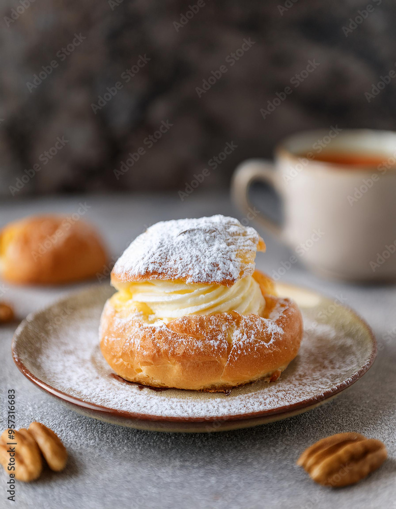 Swedish semla, bun with whipped cream on a plate. Tasty dessert. Delicious sweet food. Swedish semla, bun with whipped cream on a plate. Tasty dessert. Delicious sweet food.