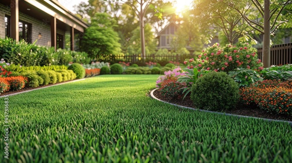 Fototapeta premium Beautifully landscaped backyard garden with lush green grass and vibrant flowers, illuminated by warm sunlight, creating a serene outdoor space.