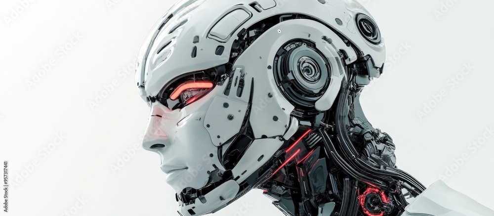 3D depiction of a male cyborg set against a white backdrop 3D depiction of a male cyborg set against a white backdrop