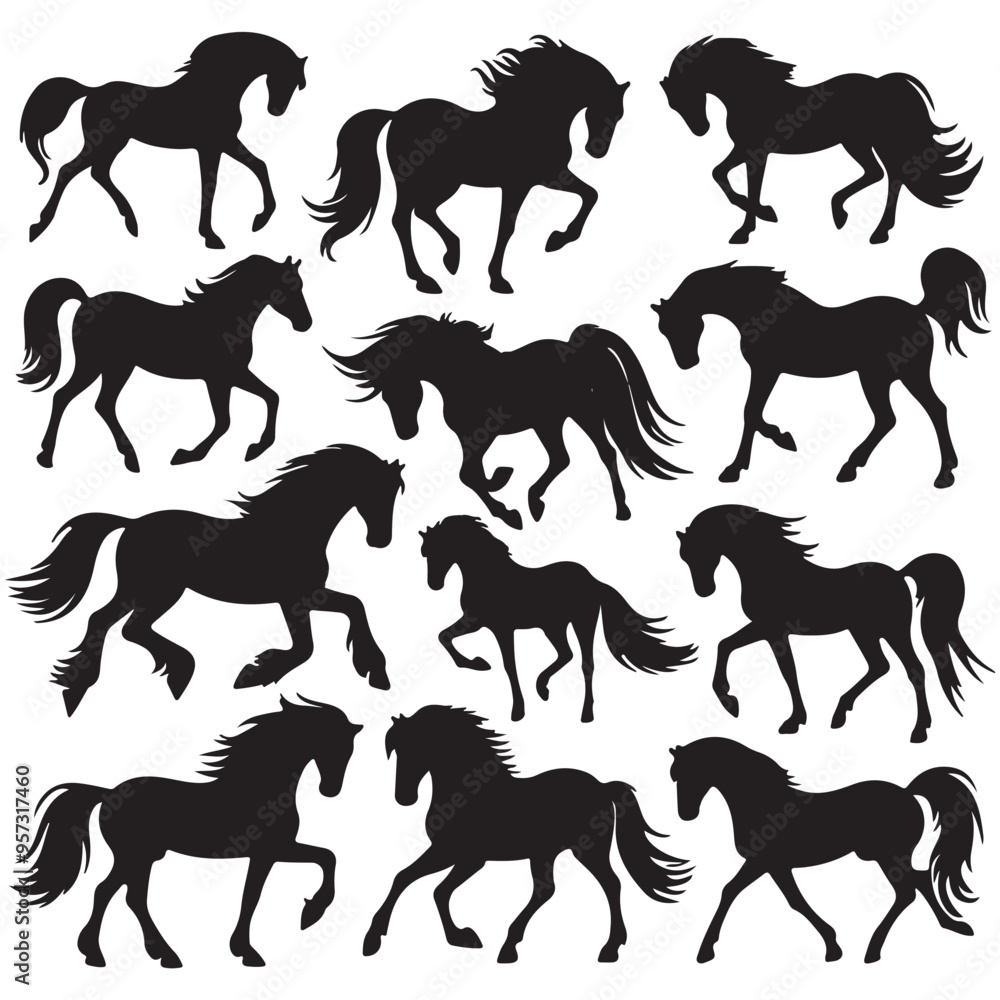 Set of horse silhouettes for design. Ink sketch of a horse running, jumping, rearing. Vector isolated on white background.
Set of horse silhouettes for design. Ink sketch of a horse running, jumping, rearing. Vector isolated on white background.