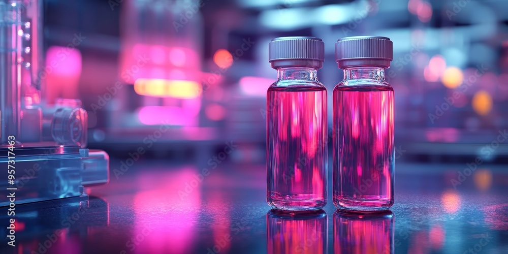Science Vials and Cancer Cell Model on Reflective Lab Surface Science Vials and Cancer Cell Model on Reflective Lab Surface