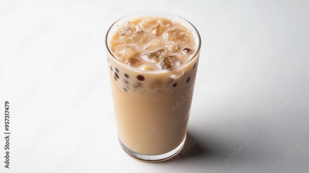 A high-angle shot of a bubble milk tea cup with a layer of ice, showing the drink texture and tapioca pearls, with the pure white background creating a sleek, modern look A high-angle shot of a bubble milk tea cup with a layer of ice, showing the drink texture and tapioca pearls, with the pure white background creating a sleek, modern look