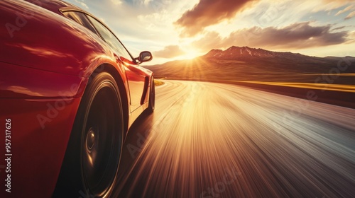 A high-speed car cruising on an open motorway with a picturesque mountain range in the distance, symbolizing freedom and the open road.