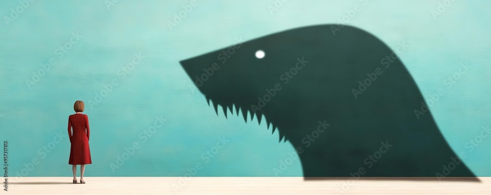 Fototapeta premium Person with a large shadow shaped like a loan shark looming over them, debt fear