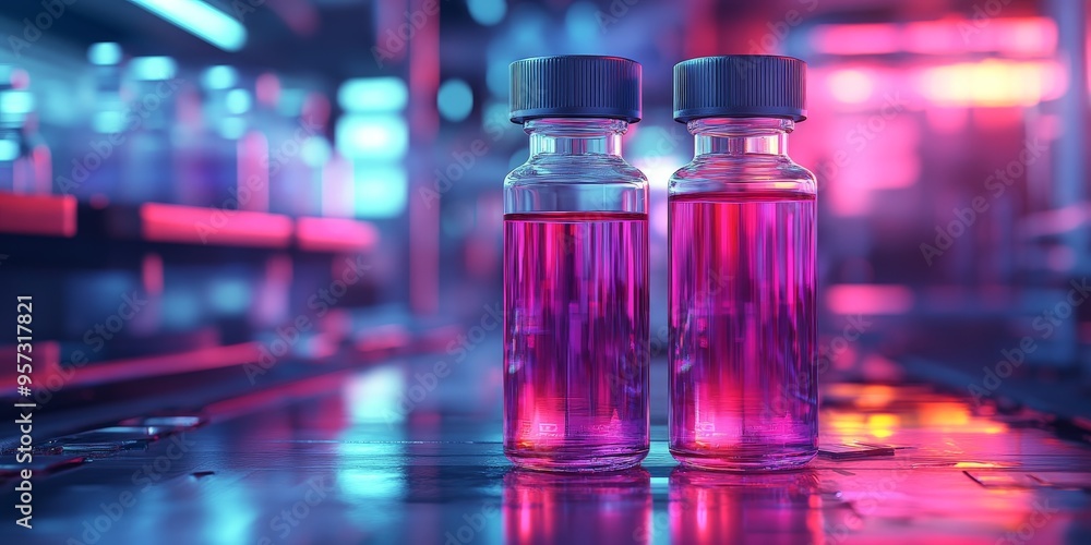 Science Vials and Cancer Cell Model on Reflective Lab Surface Science Vials and Cancer Cell Model on Reflective Lab Surface