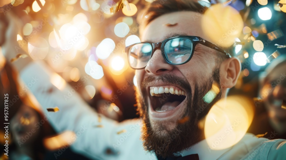 Joyful bearded man celebrating with confetti and lights, expressing happiness and excitement at a festive event or party. Joyful bearded man celebrating with confetti and lights, expressing happiness and excitement at a festive event or party.
