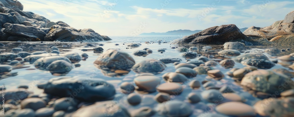Rocky beach with smooth pebbles and tide pools, 4K hyperrealistic photo, Rocky beach with smooth pebbles and tide pools, 4K hyperrealistic photo,