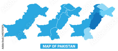 Vector Blue Pakistan political maps with borders regions simple flat illustration set 
