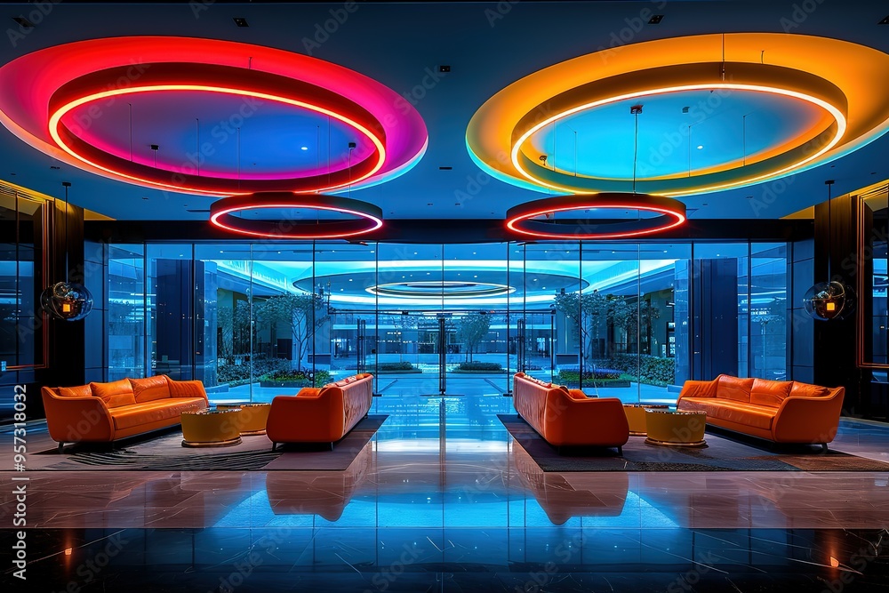 A lobby with orange couches and a neon light ceiling A lobby with orange couches and a neon light ceiling