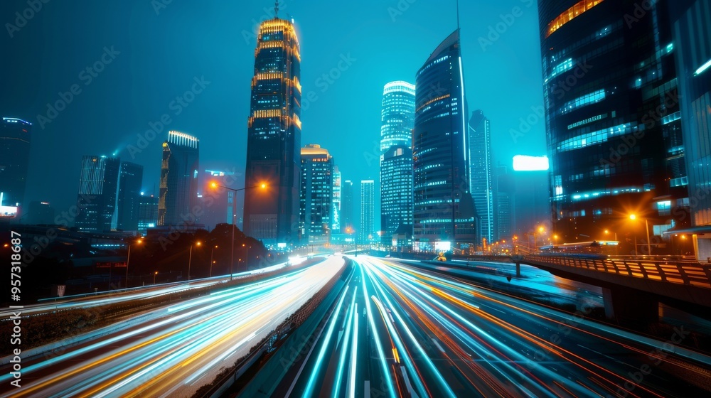 Obraz premium Vibrant cityscape at night with light trails and illuminated skyscrapers showcasing urban life and modern architecture.