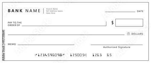 Blank bank check, checkbook cheque template with blue guilloche, vector mockup. Money payment bank check voucher or pay cash cheque certificate, account bill paycheck