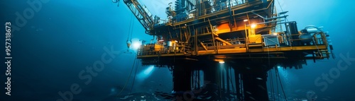 Underwater view of an offshore oil rig illuminated at night. Industrial structure in deep ocean showing engineering and energy extraction.