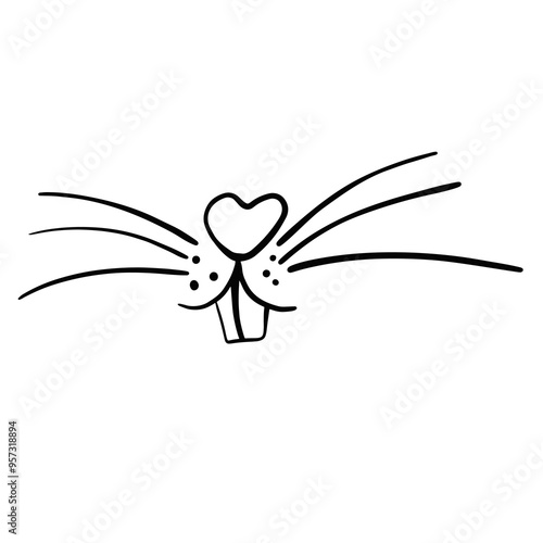Cute bunny face- nose, whiskers. Vector monochrome black and white illustration, baby animal clipart isolated on transparent background. Outline drawing for poster, print. Doodle hand drawn sketch