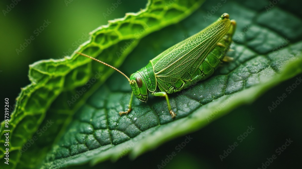 A macro shot of a grasshopper blending into the leaf it is resting on, with its green coloration providing camouflage and the texture of the leaf adding to the detailed image. A macro shot of a grasshopper blending into the leaf it is resting on, with its green coloration providing camouflage and the texture of the leaf adding to the detailed image.