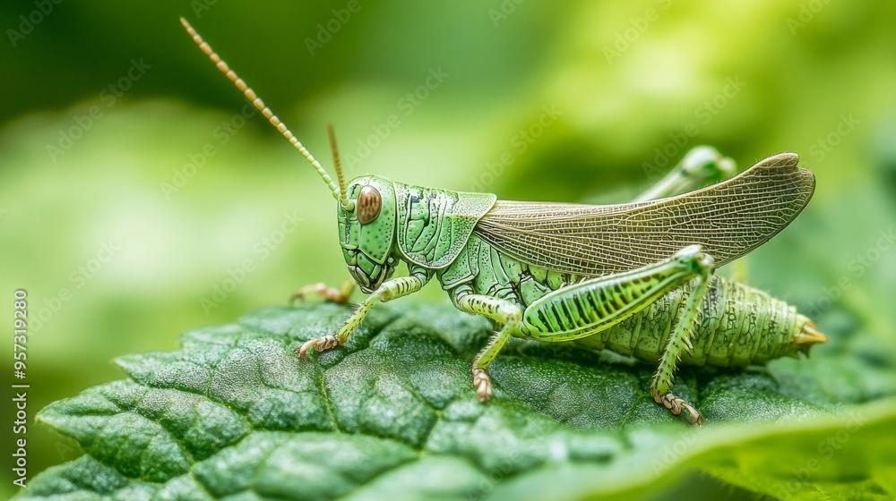A macro shot of a grasshopper blending into the leaf it is resting on, with its green coloration providing camouflage and the texture of the leaf adding to the detailed image. A macro shot of a grasshopper blending into the leaf it is resting on, with its green coloration providing camouflage and the texture of the leaf adding to the detailed image.