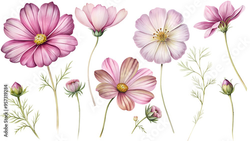 Floral clipart with soft pink flowers and cosmos buds. Ideal for vibrant designs, botanical illustrations and bold creative projects.