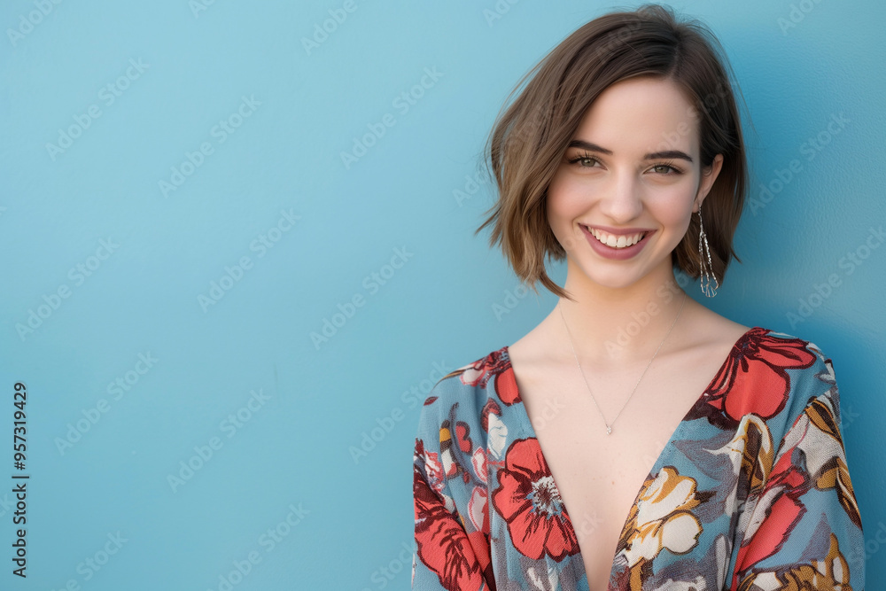 Positive and Engaged Gen Z Student: Stylishly Dressed with a Bright Smile in a Blue Background Positive and Engaged Gen Z Student: Stylishly Dressed with a Bright Smile in a Blue Background
