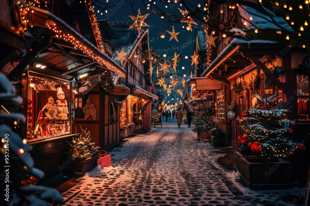 Obraz premium A street is lit up with Christmas lights and decorations, generative ai image