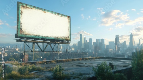 A 3D render of a blank billboard on a rooftop in an urban setting