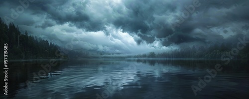 Thunderstorm brewing over calm lake waters, 4K hyperrealistic photo