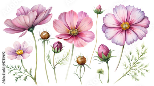 Set of flower clipart: soft pink flowers and cosmos buds. Ideal for greetings, cards, packaging, spring designs, botanical illustrations and creative projects.
